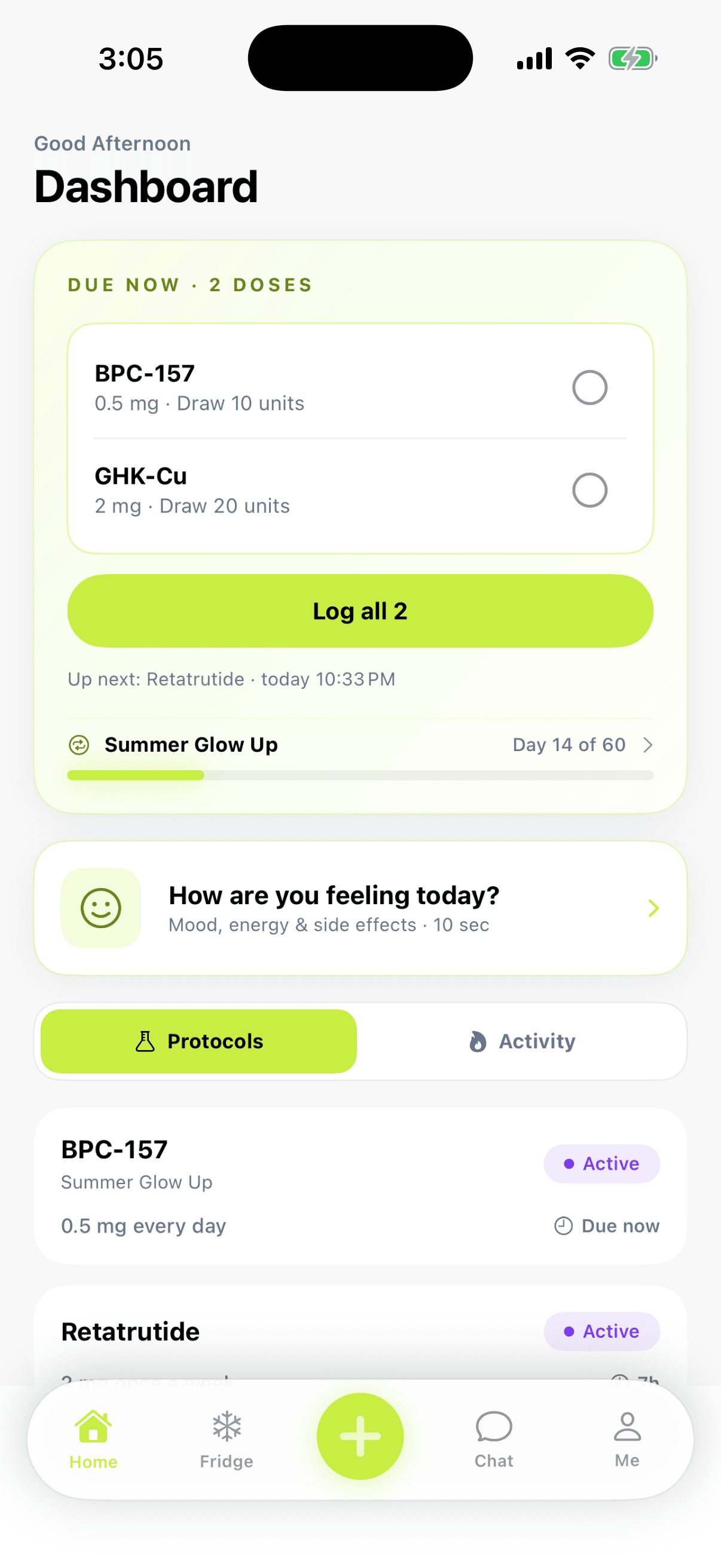Dosely’s native iOS dashboard, shown with demo data
