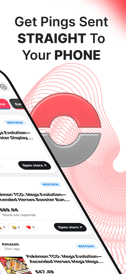 Pingr restock feed with store links and phone alert messaging