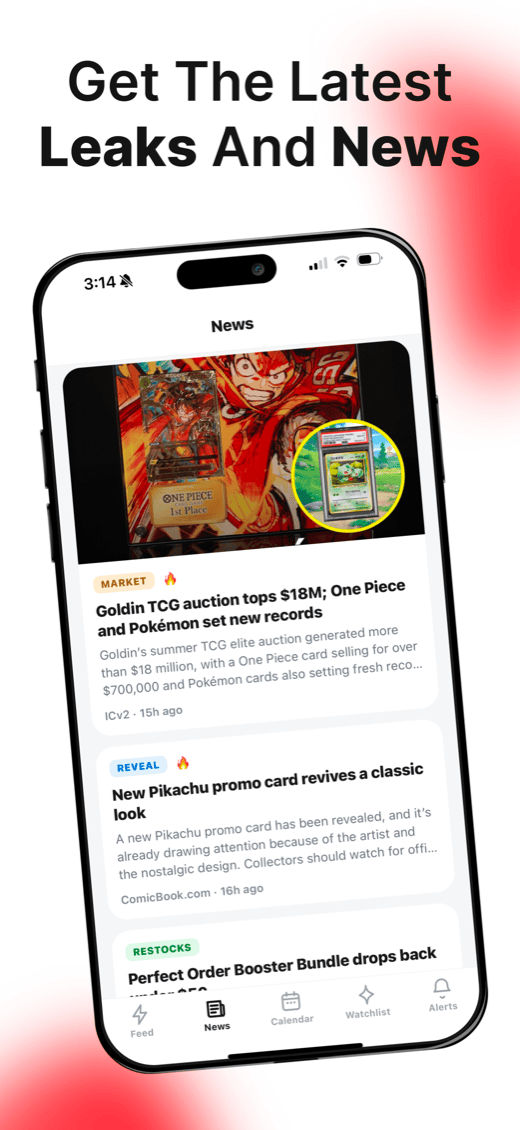 Pingr news feed with trading card market updates and product reveals