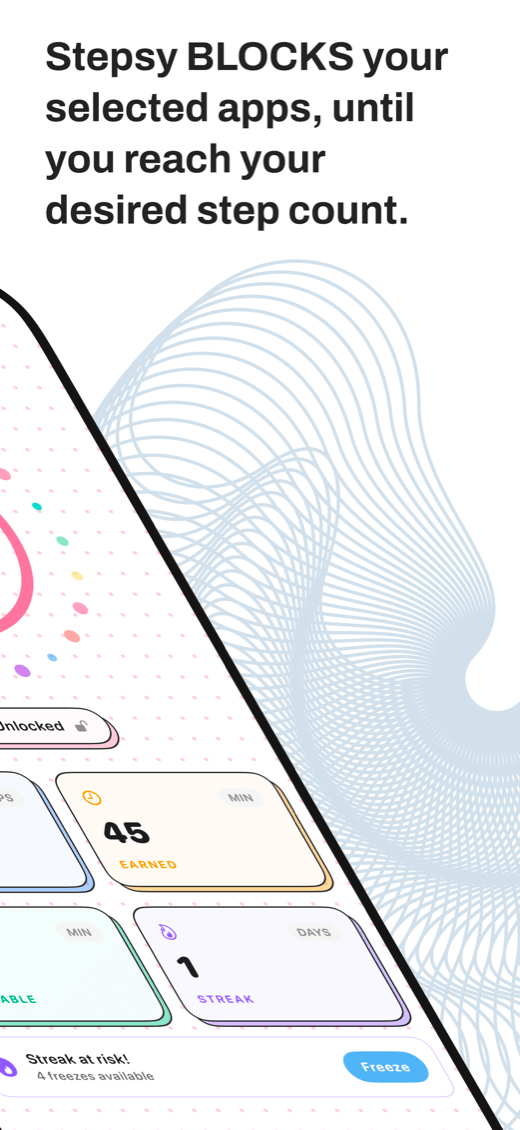 Stepsy dashboard with earned screen time, streaks, and app blocking messaging