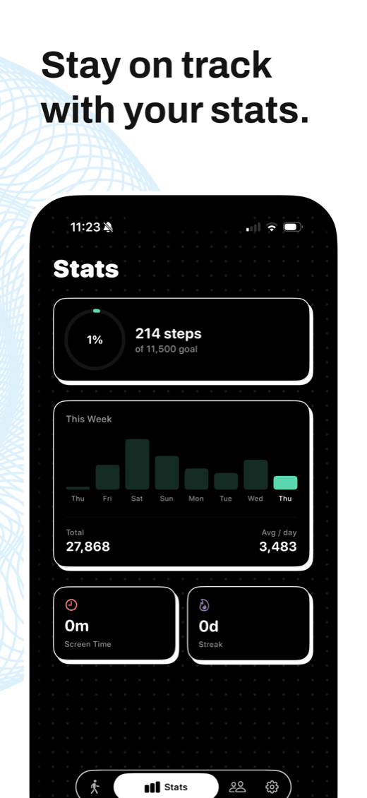 Stepsy statistics with weekly steps, daily goal progress, screen time, and streak